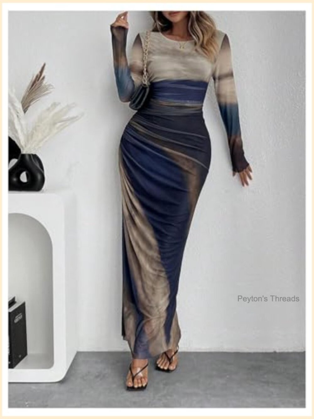 Long Sleeve Maxi Bodycon Dress Tie Dye Ruched Mesh Layer Prom Formal Wedding - Picture 3 of 7